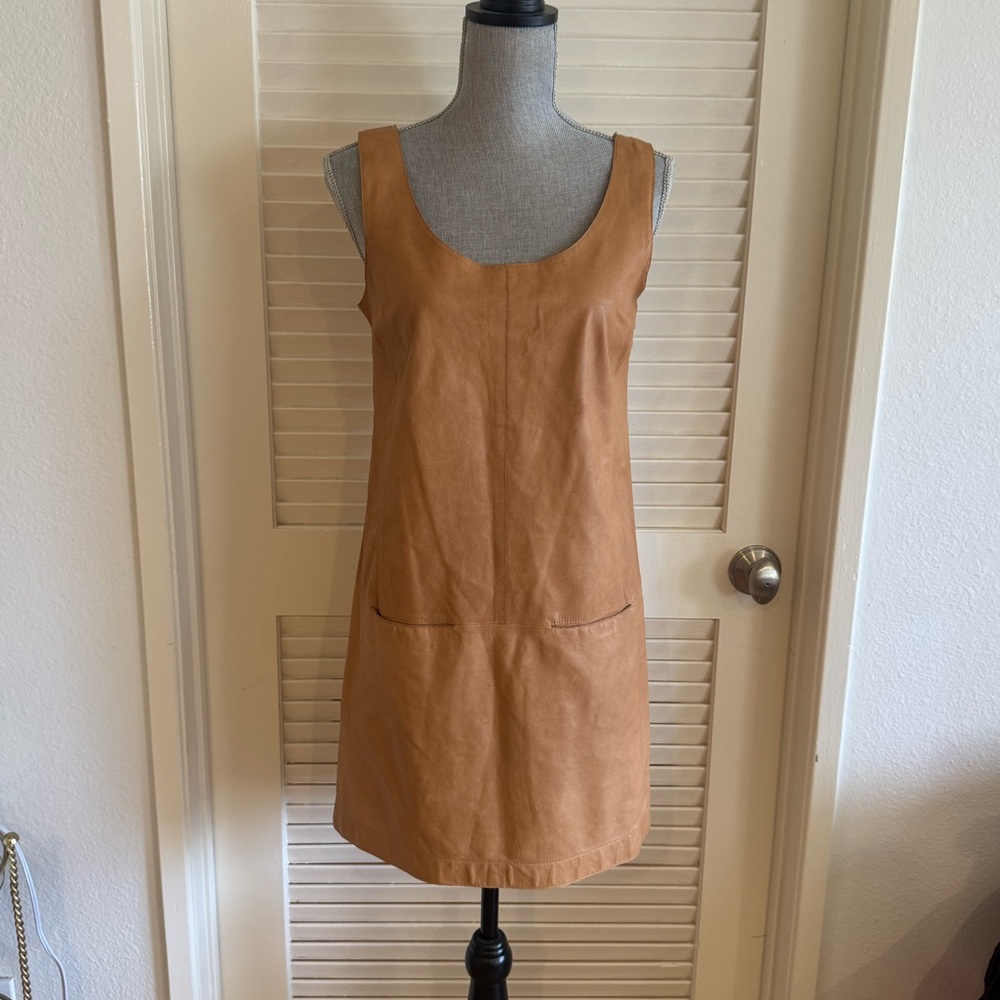 Vince tan 100% leather sleeveless shift dress
